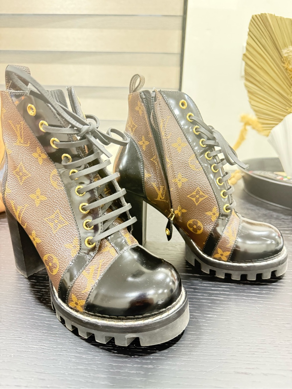 Louis Vuitton Brown Monogram Lace-Up Platform Ankle Boots